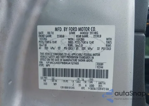 2011 Ford Escape Xlt from USA, damaged, VIN 1FMCU0D78BKA12165